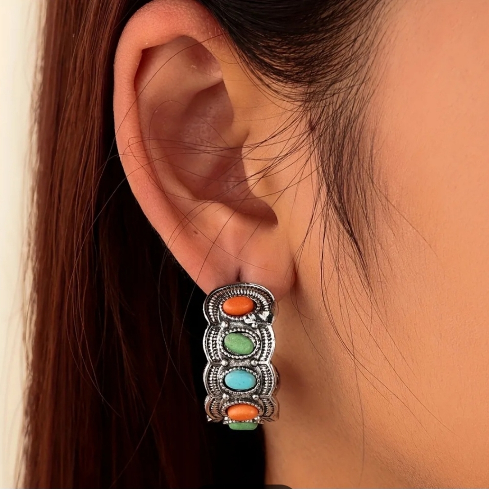 Multi Color Turquoise Earrings Hoop - Picture 3 of 4